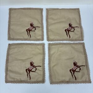 Vintage Cocktail Napkins 4 Pc Hand Embroidered Horse Western NEW Here At Home 70